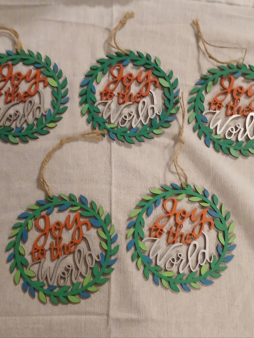 Joy to the World Green and Blue Leaf Wreath Holiday Ornament - Unbranded